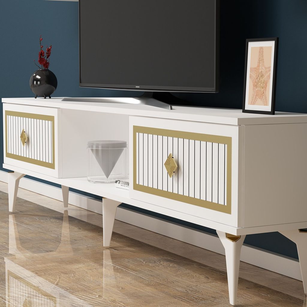 Skye Decor, Nil - White, Gold, TV-Schränke, Weiß, 150 x 44,6 x 29,6 cm