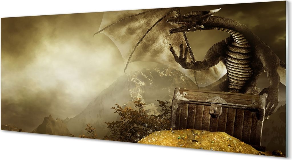 Glasbilder 125x50 Wandkunst Drachen Berg Wolken Gold