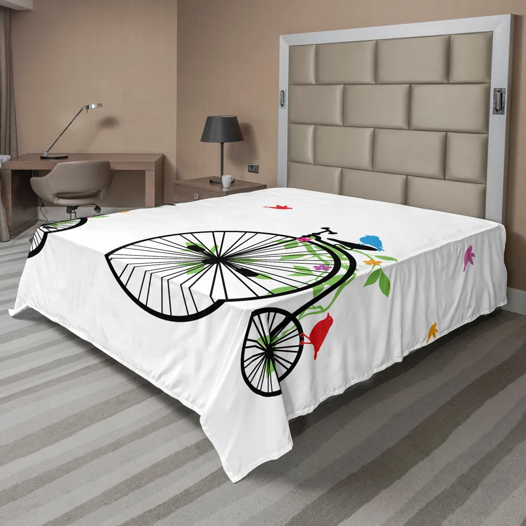 ABAKUHAUS Lenzuolo per bicicletta, uccelli in volo e fiori su vecchie biciclette a ruota, felicità e gioia, grafica con pedali, lenzuolo morbido e confortevole per un letto decorativo, 1 pezzo, 275 cm x 260 cm, multicolore