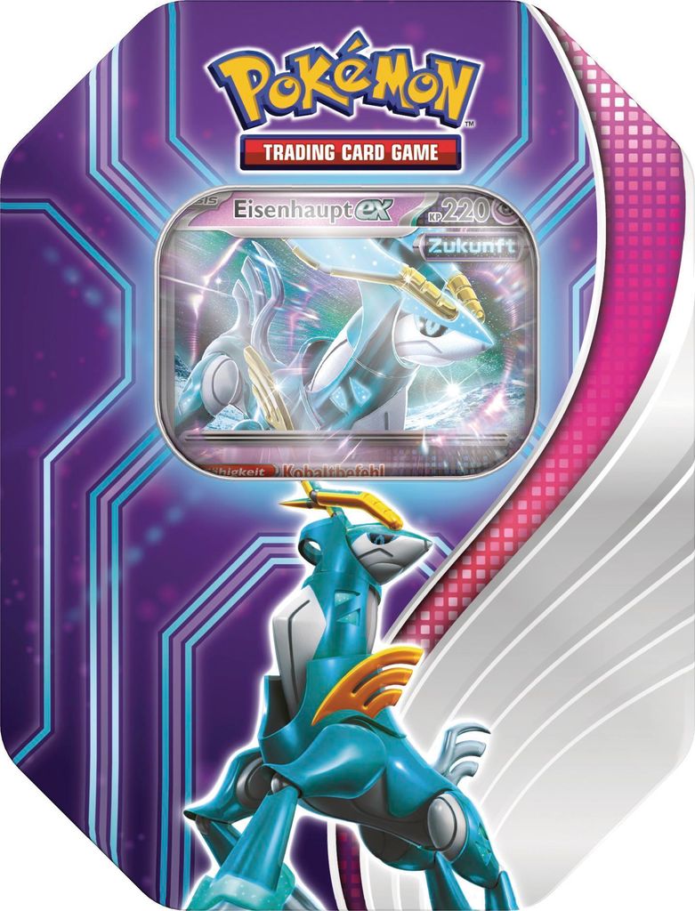 A Pokémon trading card game tin box featuring artwork of the Pokémon Eisenhaupt-EX.