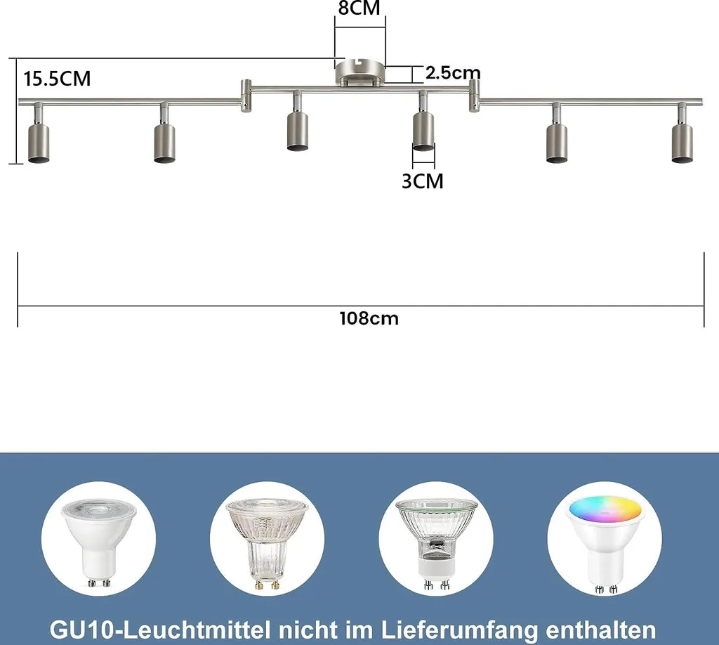 ZMH LED faretto da soffitto 6 fiamme soggiorno - plafoniera moderna lampada da soffitto GU10 spot da soffitto orientabile 350°faro girevole lampada da soffitto in acciaio inox camera da letto interni senza lampadine - 7