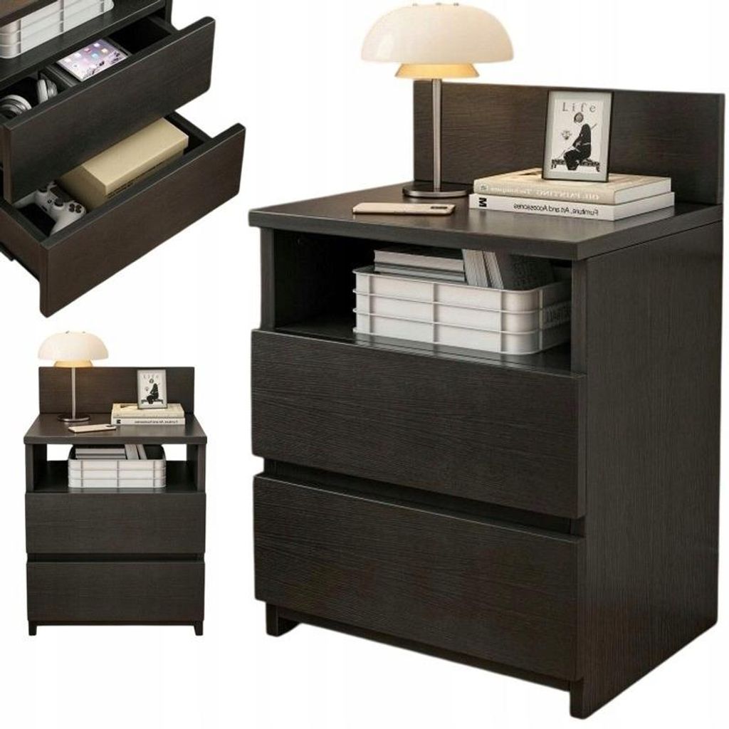 Comodino per camera da letto, 2 cassetti, nero, stile loft Immagine del prodotto 