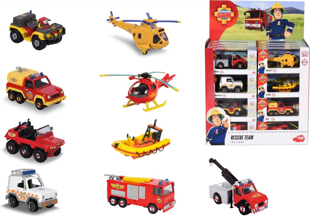 A collage of various toy rescue vehicles and a display box of smaller rescue vehicles, all related to the Fireman Sam brand.