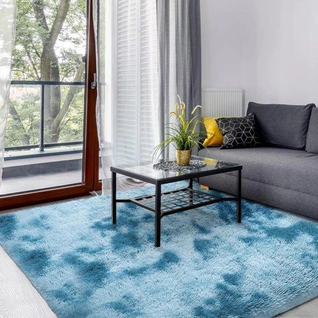 Tapis de salon moelleux à longs poils 140x200 cm lavable bleu foncé
