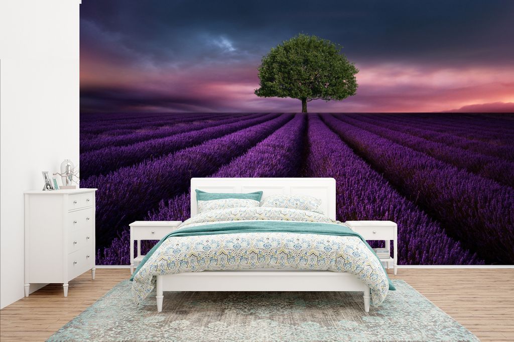 MuchoWow Fototapete für Wohnzimmer oder Schlafzimmer Wandtapete Vinyl Motivtapete Lavendel - Baum - Lila - 400x240 cm - Gemustert