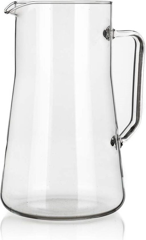 A clear glass pitcher on a white background.