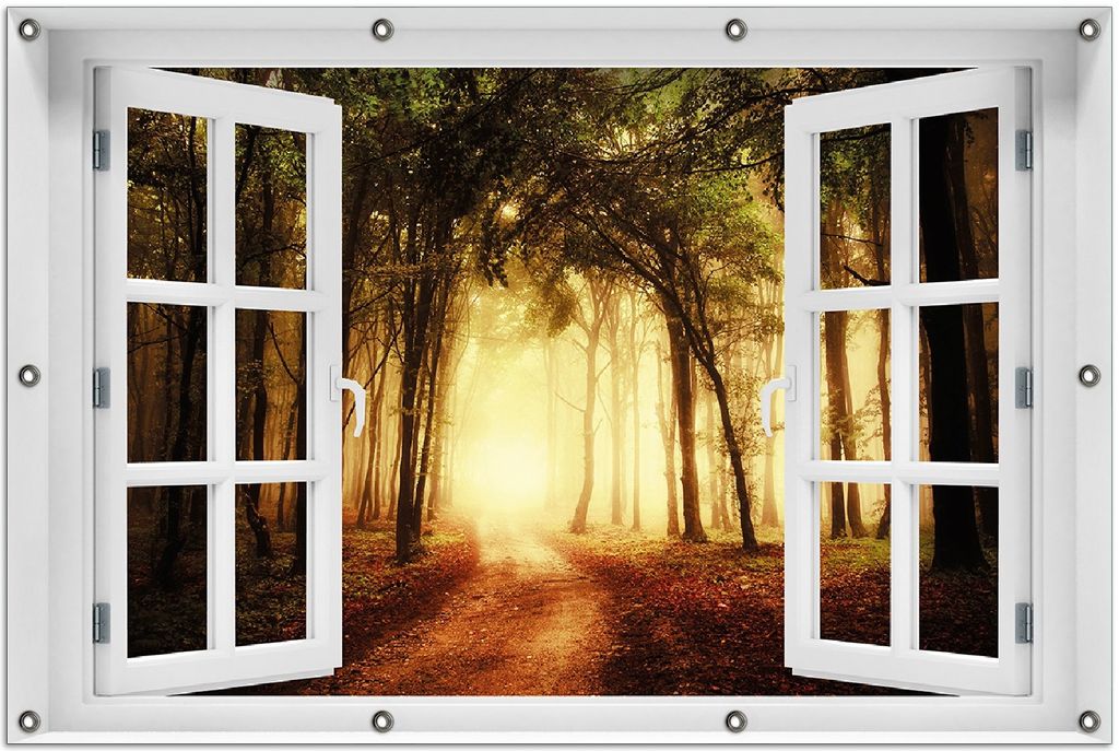 Wallario Outdoor-Poster für Garten oder Balkon 100 x 150 cm: Sonnenuntergang auf dem Waldweg