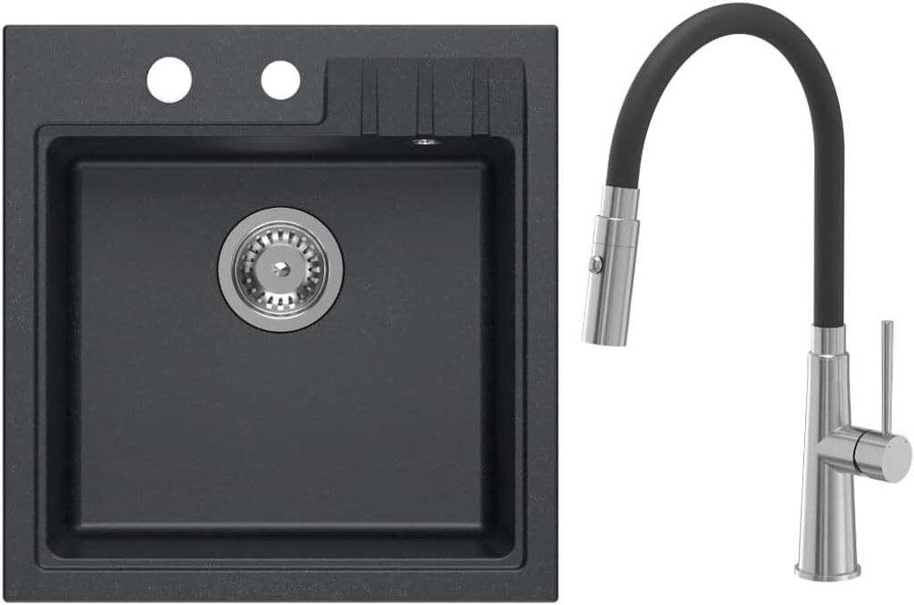 VBChome Spülbecken Granit Schwarz 52 x 50 cm Schwarze flexible Armatur Granitspülbecken Einzelbecken Einbauspüle Gesprenkelt Siphon