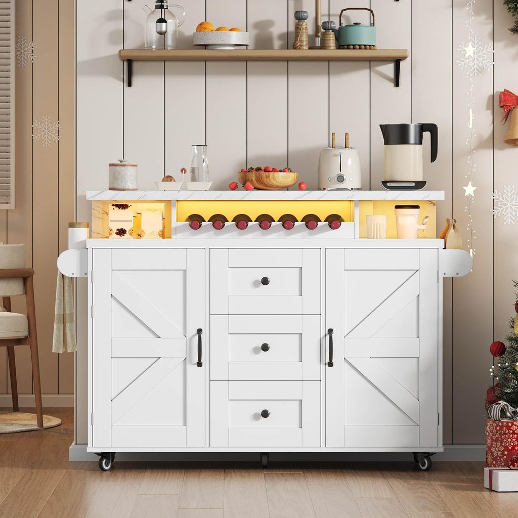 Merax Mobile Kücheninsel mit klappbarer Arbeitsplatte, Sideboard mit 5 Rädern und Türregal, Servierwage mit Weingestell und Glashalter, Weiß