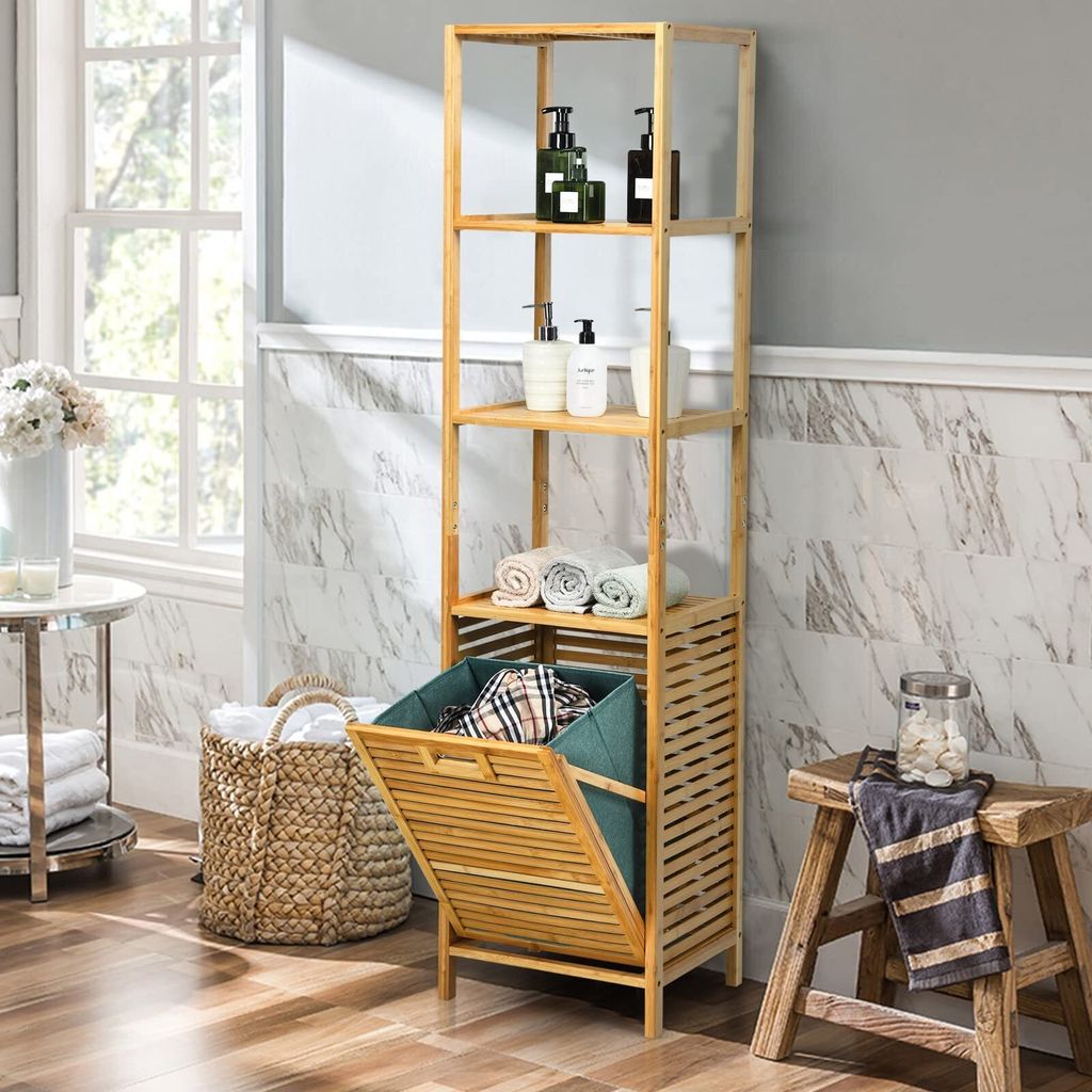 GOPLUS Hochschrank Bambus mit Wäschekorb, Badezimmerschrank Produktbild 