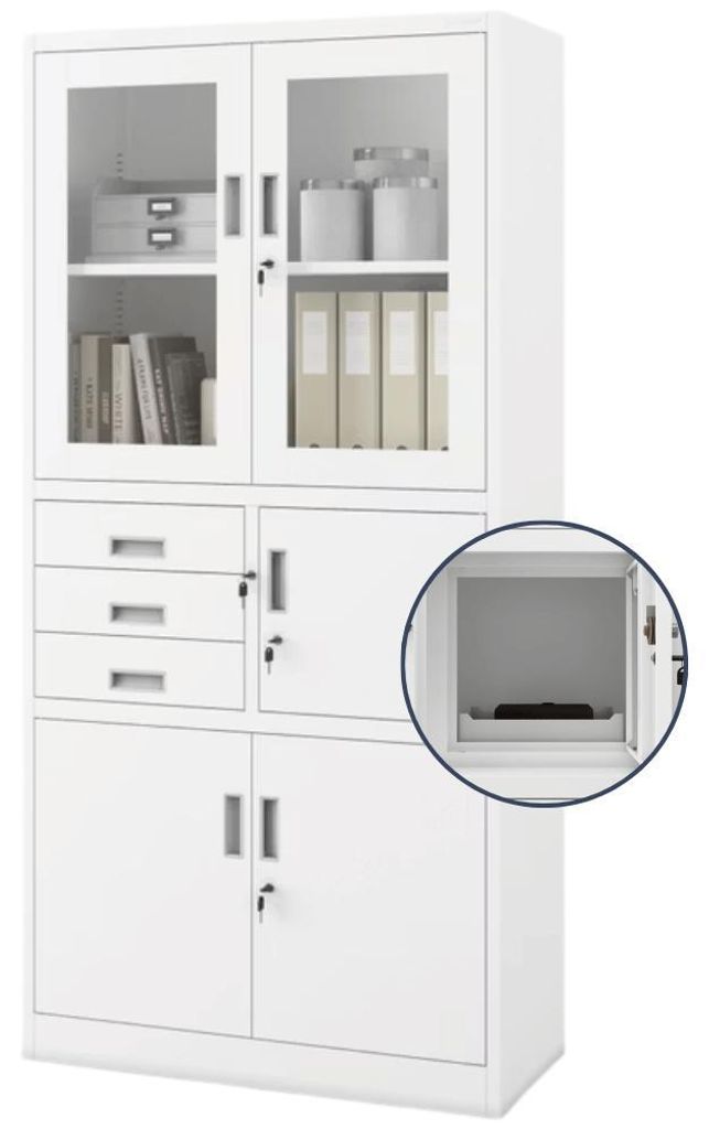 Vitrinenschrank abschließbar FILIP mit Tresor & Schubladen| Büroschrank aus Stahl Aktenschrank mit Glasfenster Metallschrank Mehrzweckschrank 185...