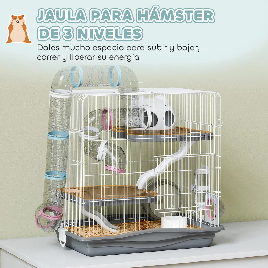Cage hamster multi-étages équipée d'une roue et d'un abreuvoir, Gris - 2