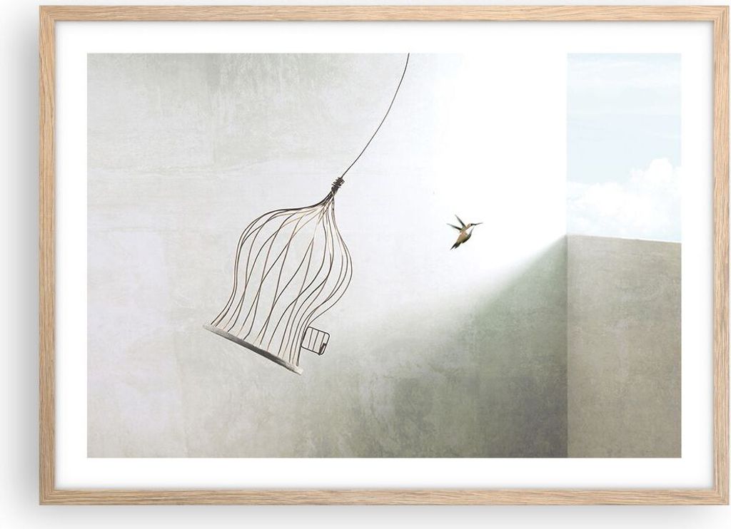 Gerahmtes Poster - Rahmen in heller Eiche - Flug Vogel Käfig - 70x50 cm - Wand Bild - Wanddeko - Wandbilder - Kunstposter - Wandposter - Bilderrah...