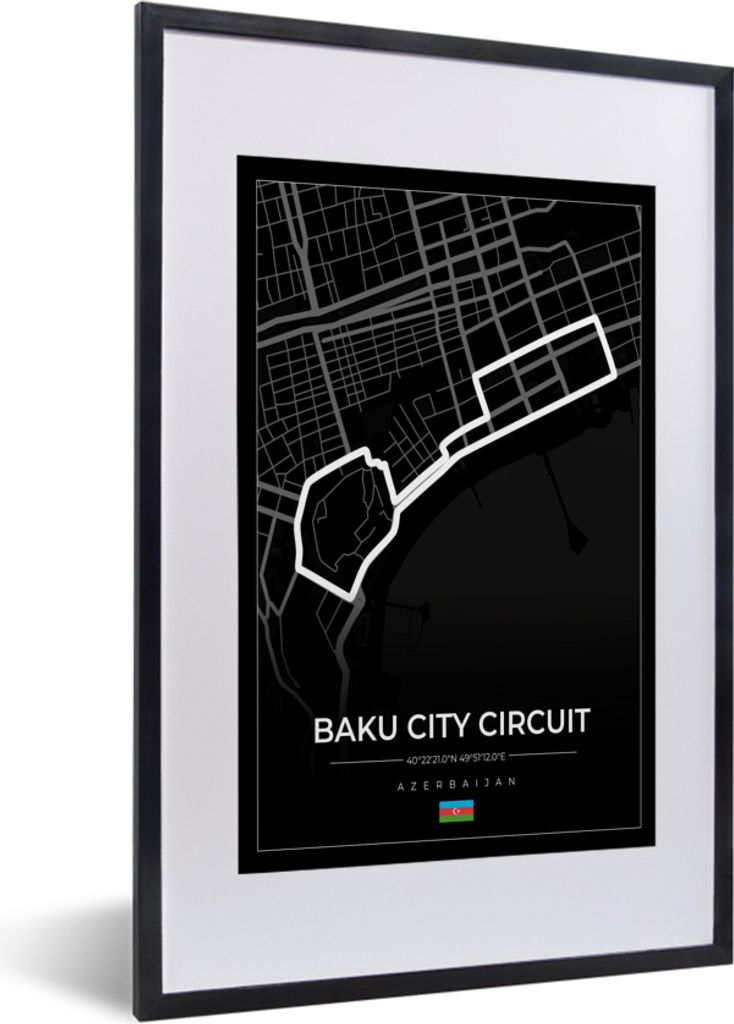 MuchoWow Gerahmtes Poster Rennstrecke - Rundkurs - F1 - Baku City Circuit - Aserbaidschan - Schwarz 40x60 cm - Poster mit Schwarzem Bilderrahmen ...