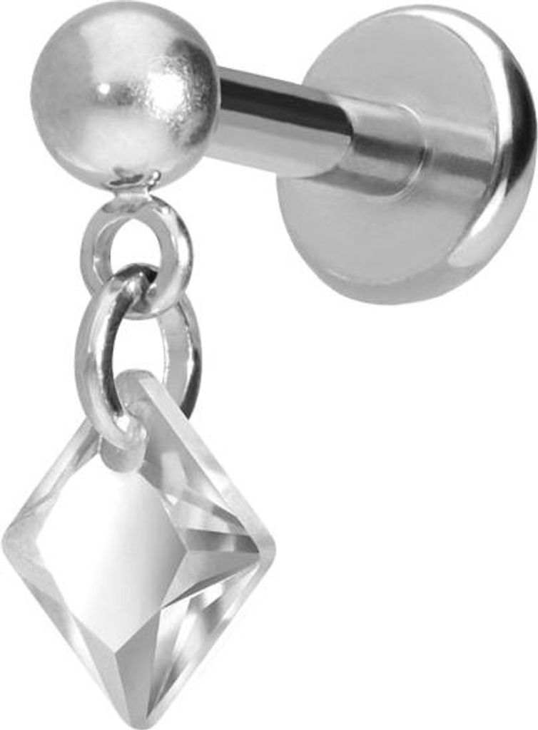 Ohrpiercing, Nasenpiercing Titan Labret mit Push Fit KRISTALLQUADRAT Silber Stablänge: 6mm | Stabstärke: 1,2mm