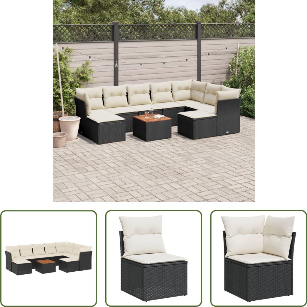 The Living Store 10-tlg. Garten-Sofagarnitur mit Kissen Schwarz Poly Rattan