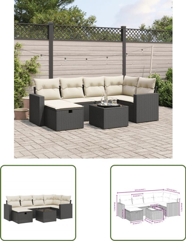 The Living Store 7-tlg. Garten-Sofagarnitur mit Kissen Schwarz Poly Rattan