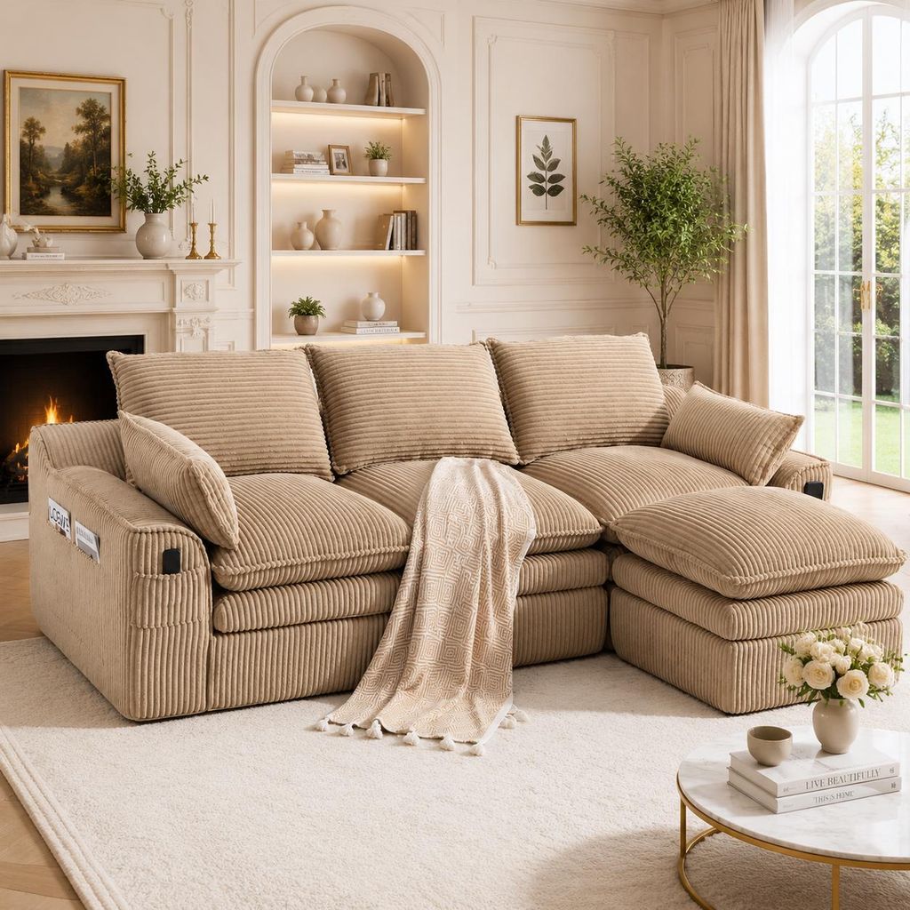 Cordsofa Khaki 3 Sitzer Modular mit Hocker Ecksofa Kleine Wohnlandschaft Couch mit Kissen Seitentaschen Federkern Polstersofa L Form Sofa Wohnzimmer