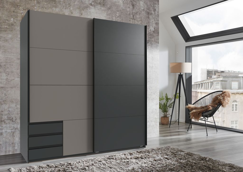 Schwebetürenschrank >Emden< 3 Schübe, GRAPHIT + SAHARAGRAU - 179x198x65cm (BxHxT)