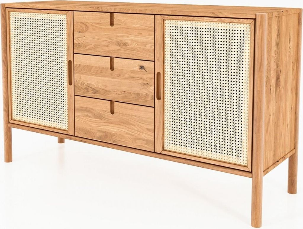Kommode Zola Wildeiche massiv 142x84 cm mit 2 Türen mit Rattan und 3 Schubladen