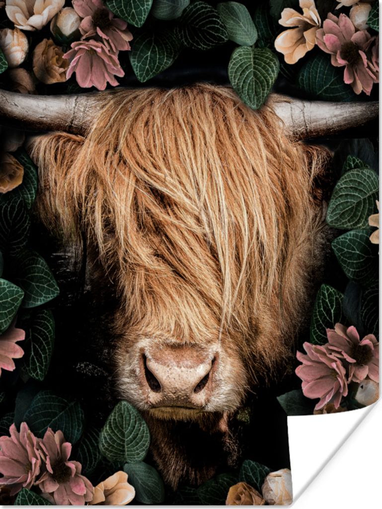 MuchoWow Poster Schottisches Hochlandrind - Porträt - Kuh - Blumen - Dschungel 90x120 cm - Wohnzimmer
