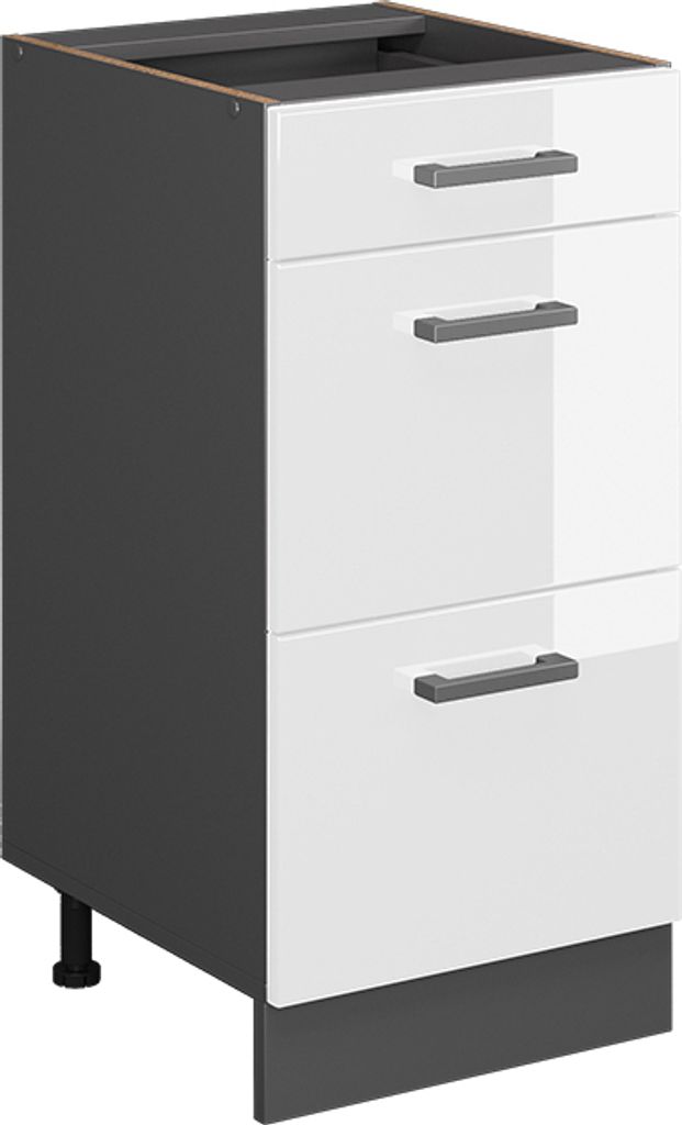 A three-drawer kitchen base cabinet with a white high-gloss front and anthracite sides, shown from a three-quarter front view on a white background.