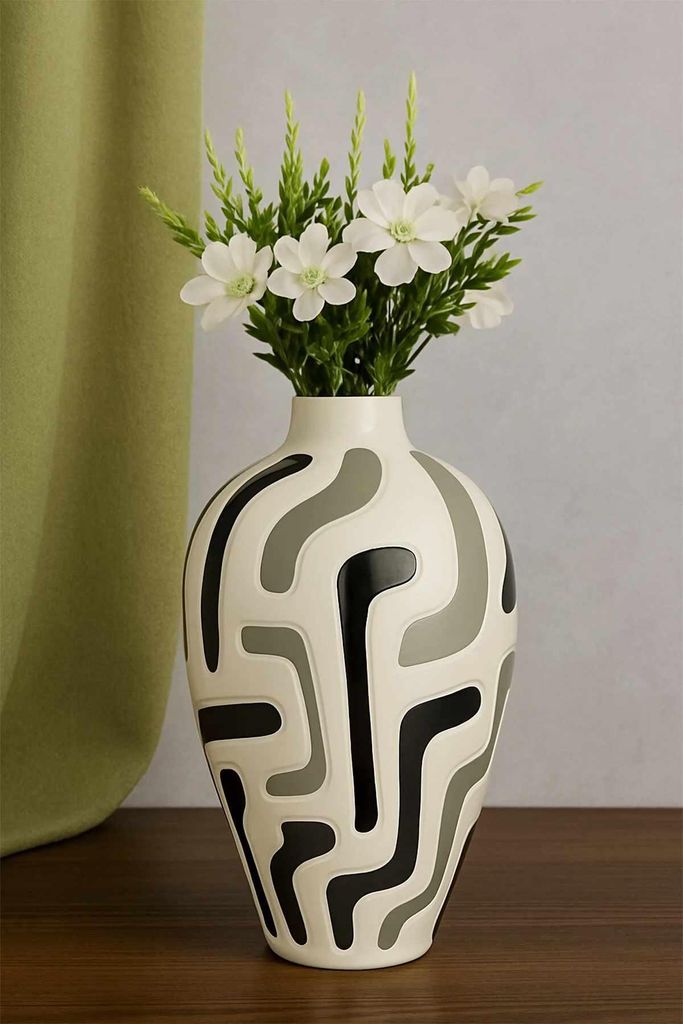 Evila Originals, Handbemalter Dektopf aus Keramik, 18 cm Durchmesser, 35 cm hoch, Schwarz-Weiß | Stilvolles Design für moderne Wohnräume | Perfe...