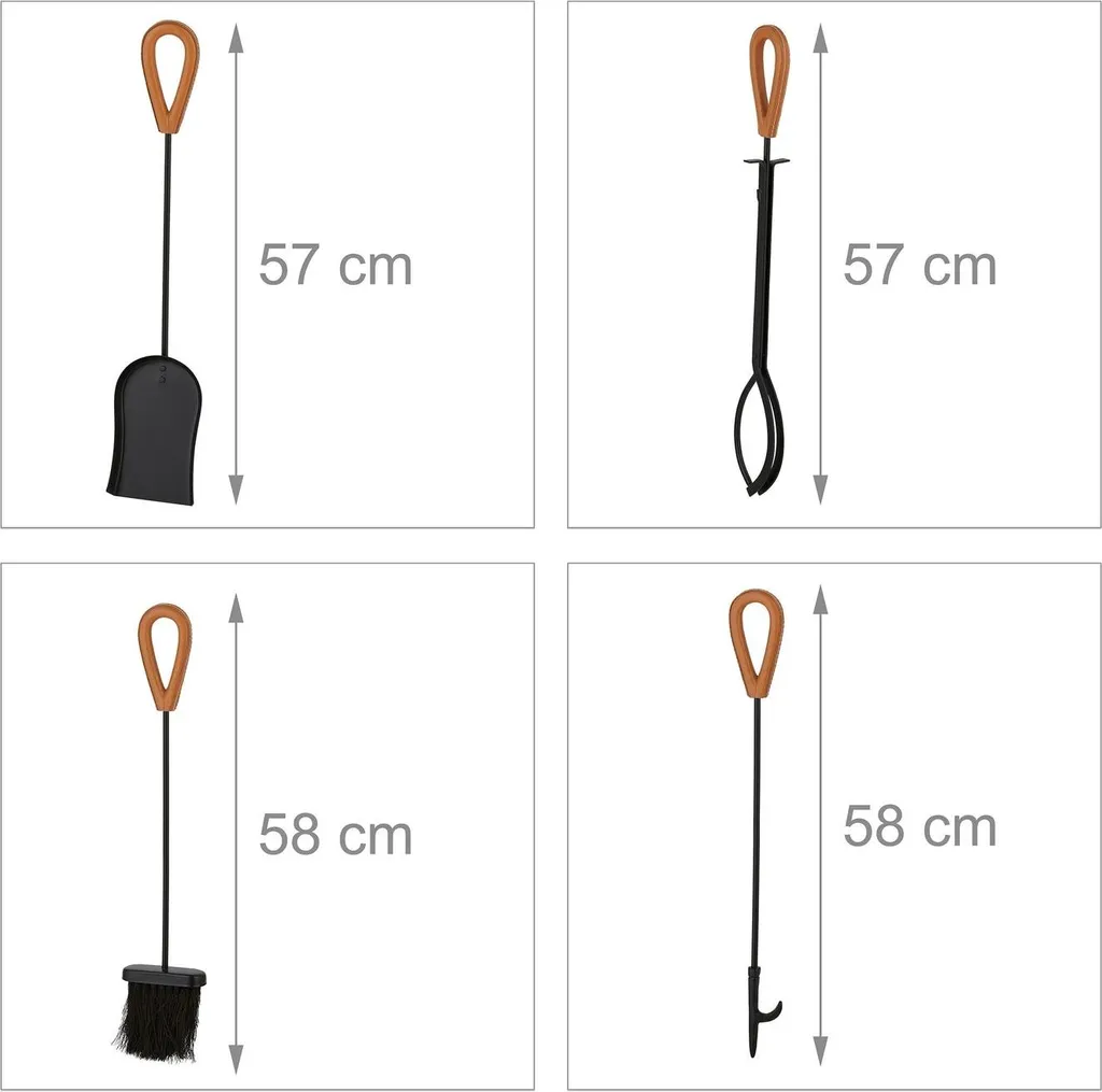 Ustensiles de cheminée en métal noir et cuir véritable, pack de 4