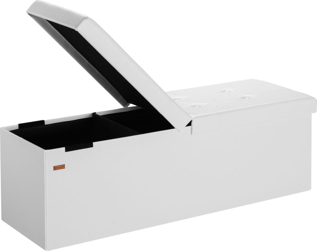 CASARIA Sitzbank mit Stauraum, Weiß – Faltbar, 115 x 40 x 40 cm, 130L Volumen, bis 300 kg belastbar, gepolstert, Leinen-Optik – Aufbewahrung...