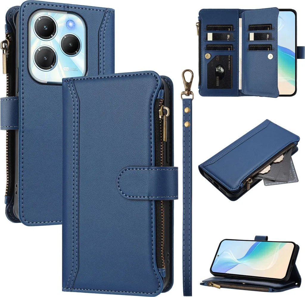 Custodia per Infinix Hot 40/Hot 40 Pro/Tenco Spark 20 Pro 4G, con zip, portafoglio Custodia flip in Finto cuoio con tasche per carte, supporto e passante per mani blu