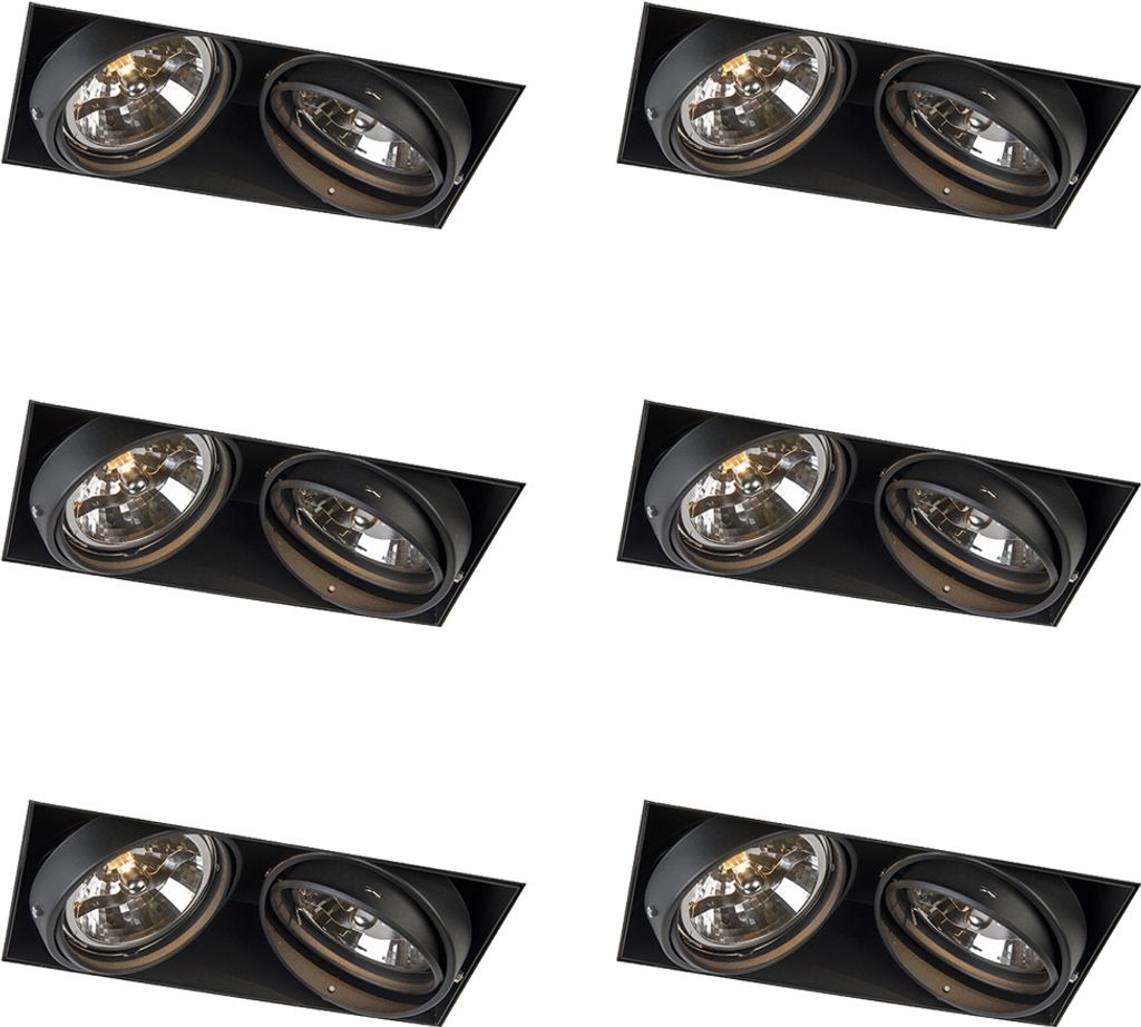 QAZQA - Set mit 6 Einbaustrahlern schwarz AR111 schwenkbar und neigbar Trimless 2-Licht - Oneon I Wohnzimmer I Schlafzimmer - Stahl - LED geeignet G53