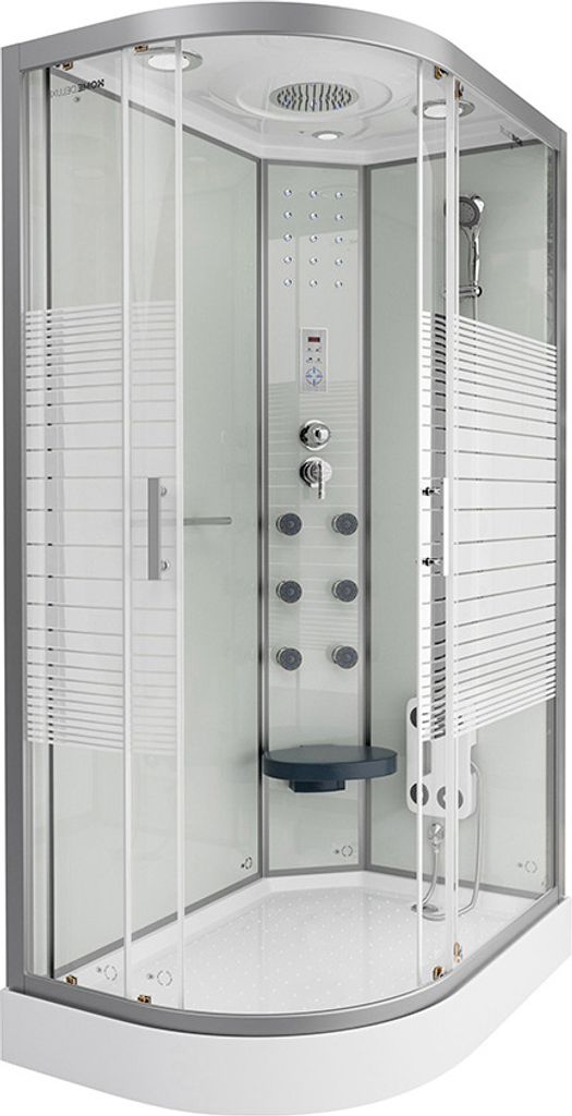 A modern, enclosed shower cabin with multiple spray jets and a built-in seat.