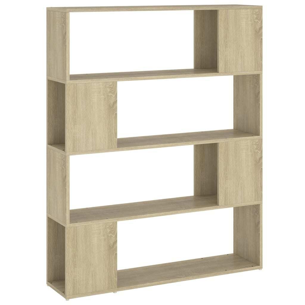 A freestanding bookshelf with four staggered shelves.