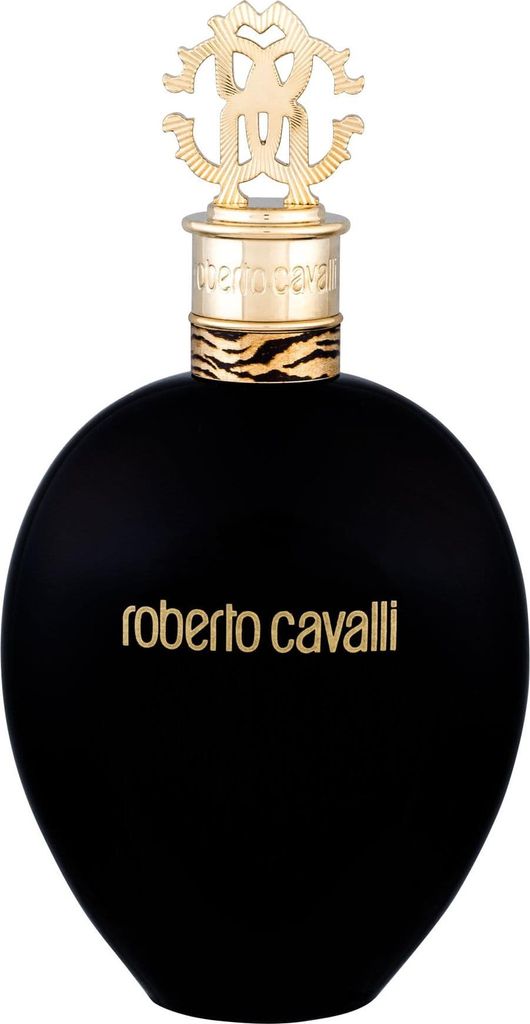 A black perfume bottle with gold accents and branding.