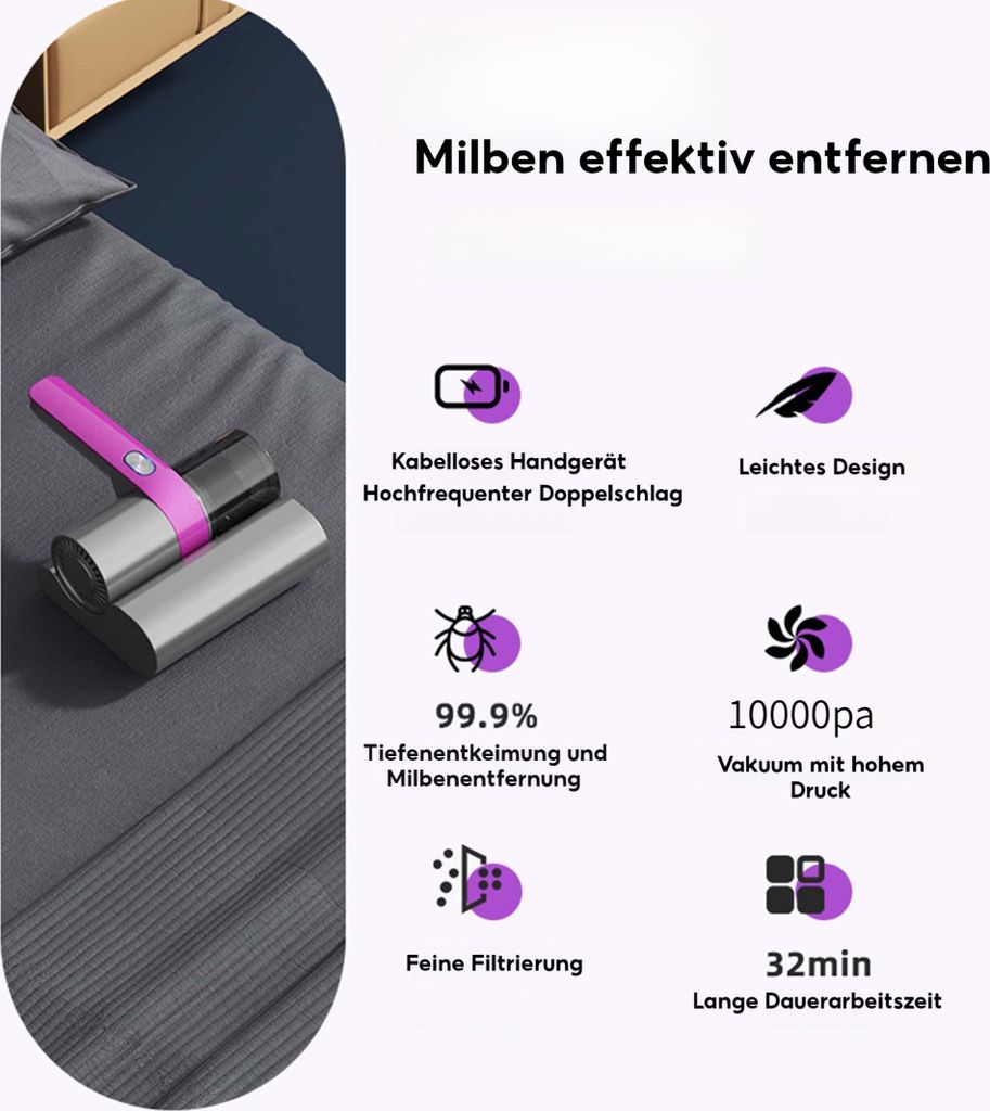 Handstaubsauger, entfernt 99,9% Aller Milben, 10.000Pa, Produktbild 4