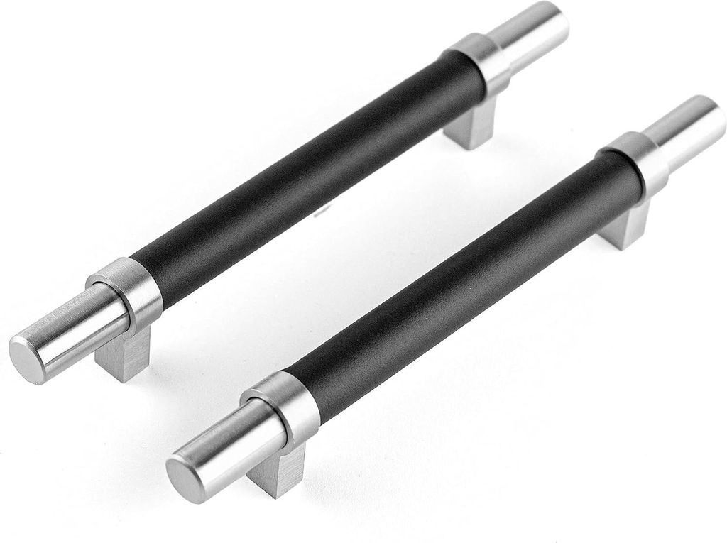 Möbelgriffe Stahl Vollnarbenleder 128 mm Bohrabstand Silber Schwarz 8 Stück Küche Bad
