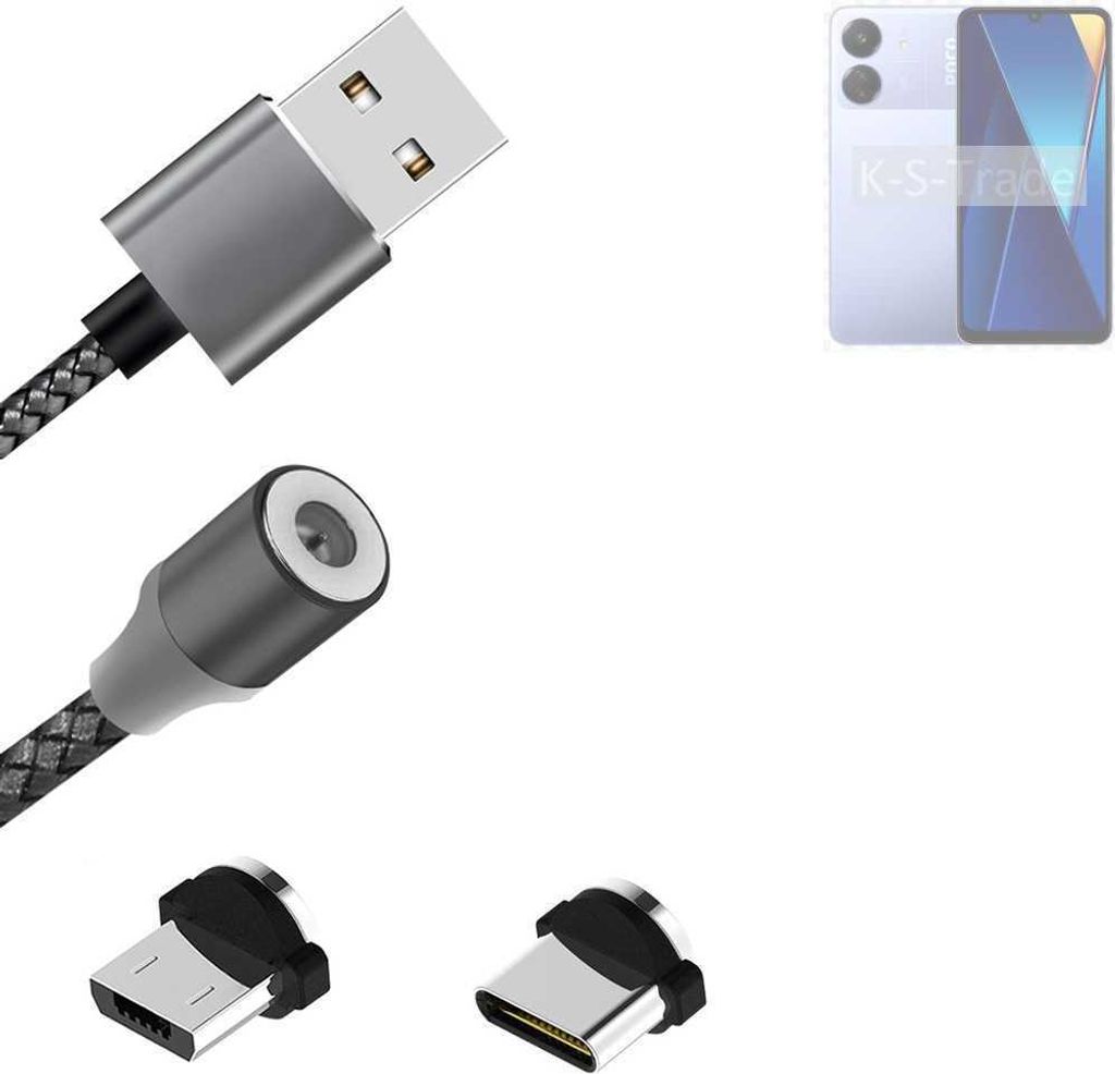 K-S-Trade Hochwertiges Magnet-Lade-kabel Sync-Kabel Daten-Kabel für POCO C65 mit USB-Typ-C-Anschluss und Micro-USB-Anschluss 2A bis zu 480mbps
