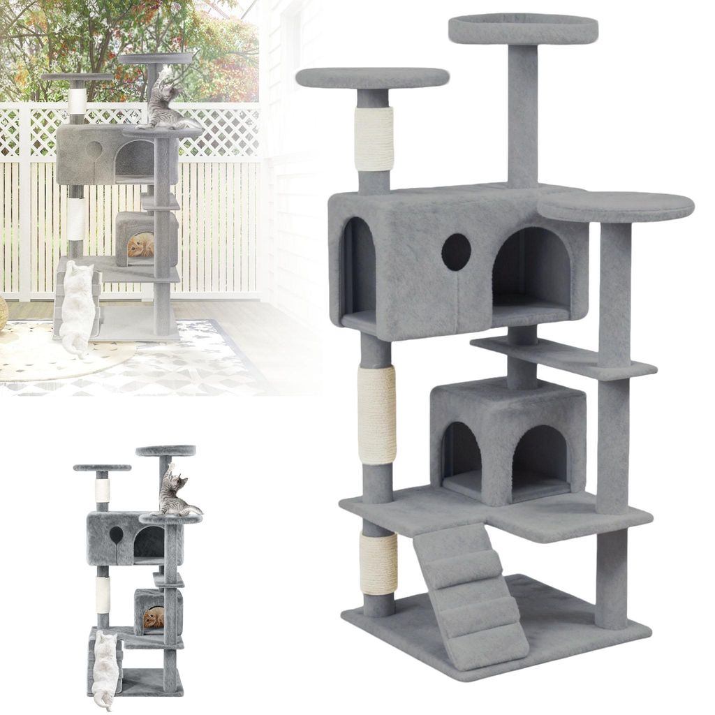 XMTECH Kratzbaum für Katzen, 130 cm Katzenbaum in Hellgrau mit Sisal-Kratzsäulen, Plüsch-Liegeflächen & Hängespielzeug, Stabiler Kletterbaum m...