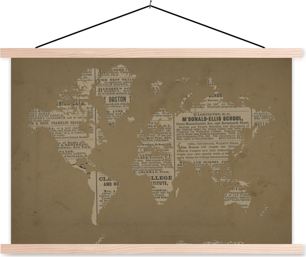 MuchoWow Textilposter Weltkarte - Vintage - Zeitungsdruck 60x40 cm mit holzfarbenen Rahmen - Bilder