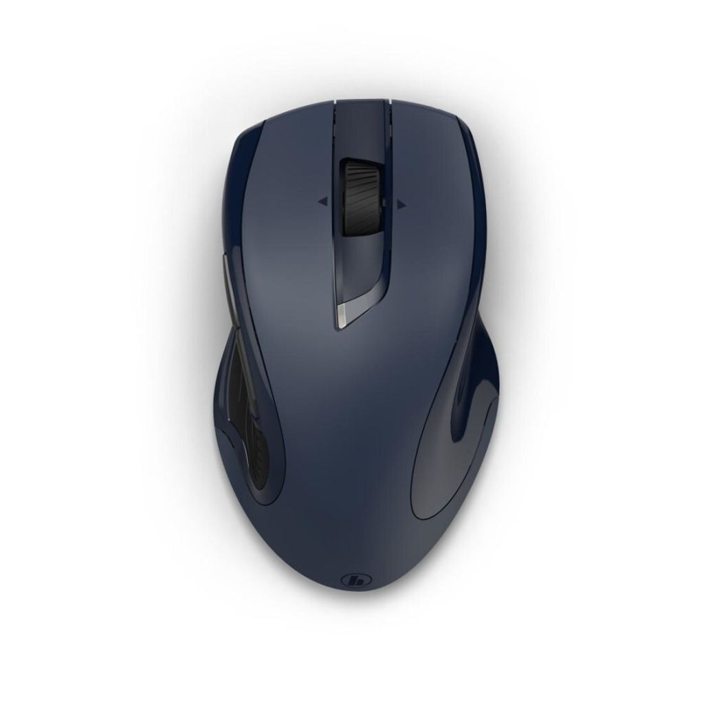 A top-down view of a dark blue wireless computer mouse on a white background.
