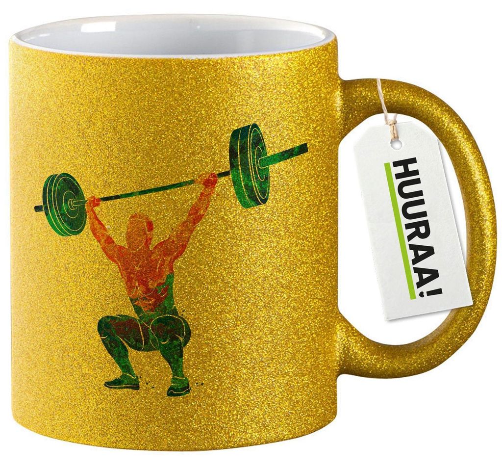 Huuraa Glitzertasse Gewichtheber Powerlift bunte Silhouette 330ml Gold Keramik Kaffeebecher Geschenkidee