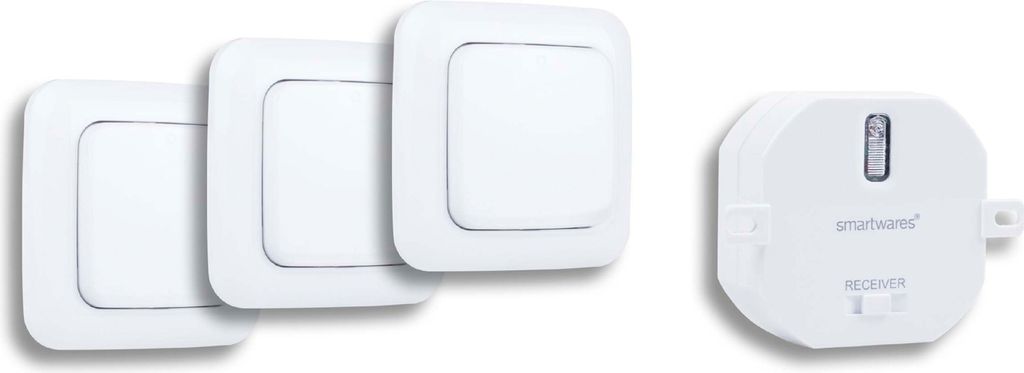 A set of three white light switches and a white receiver unit are arranged on a white background.