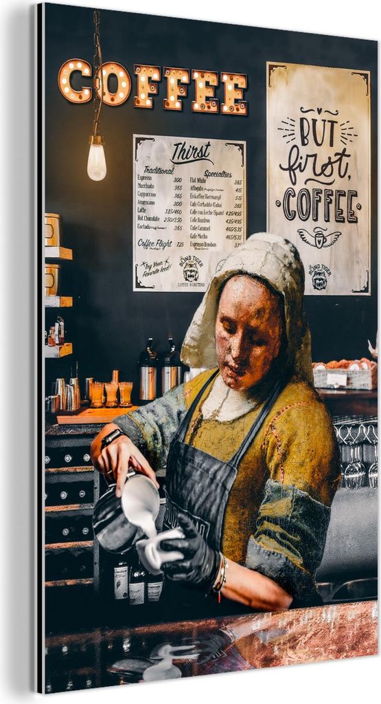 MuchoWow Wanddekoration Metall Metallbild Wandkunst 60x90 cm Milchmädchen - Barista - Kaffee - Vintage - Kunst - Abstrakt - Malerei - Alte Meister...