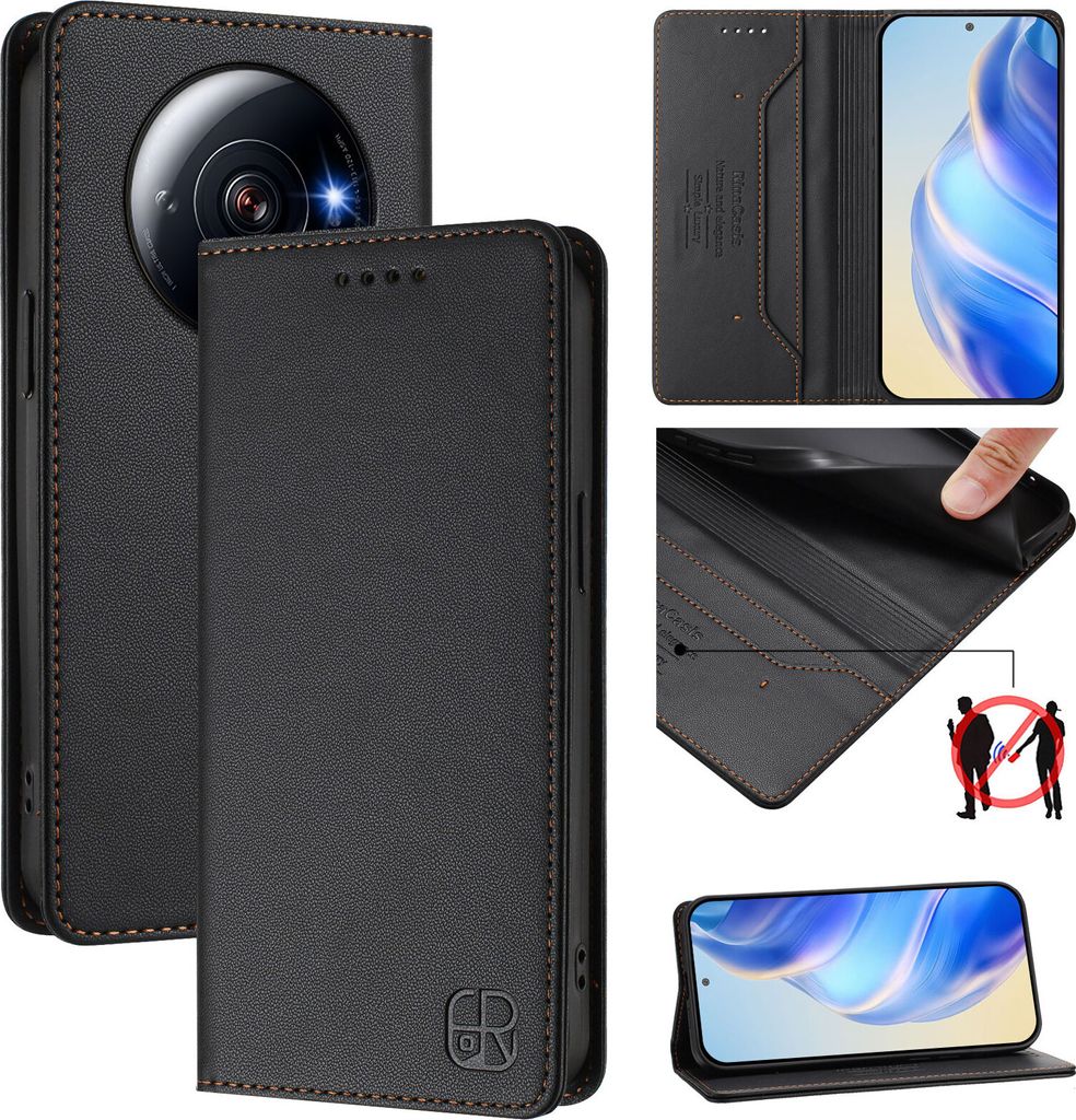 Lederhülle für Xiaomi 12S Ultra Hülle Flip Brieftasche Kartenfächern Ständer Schutzhülle Schwarz