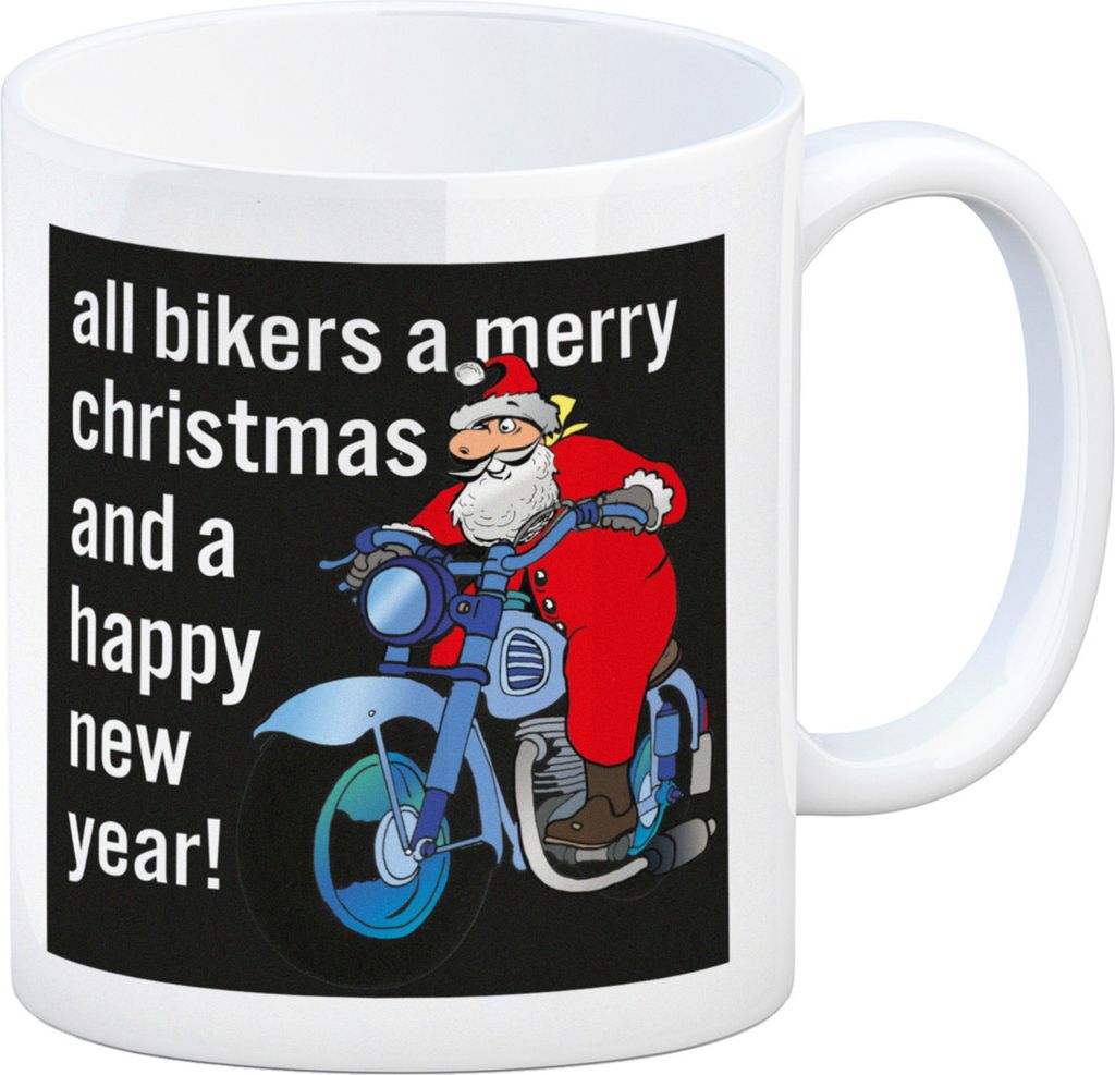 Weihnachten Biker Kaffeebecher mit Weihnachtsmann auf Motorrad in schwarz