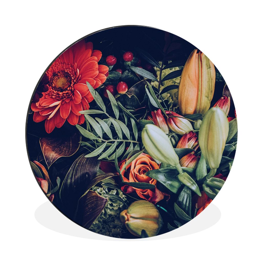 MuchoWow Aluminium Wandkreis Blumenstrauß - Stilleben - Blumen - Pflanzen - Rot Ø 30 cm Wanddeko Modern Wohnzimmer - Wand Bild - Wohnzimmer - R...