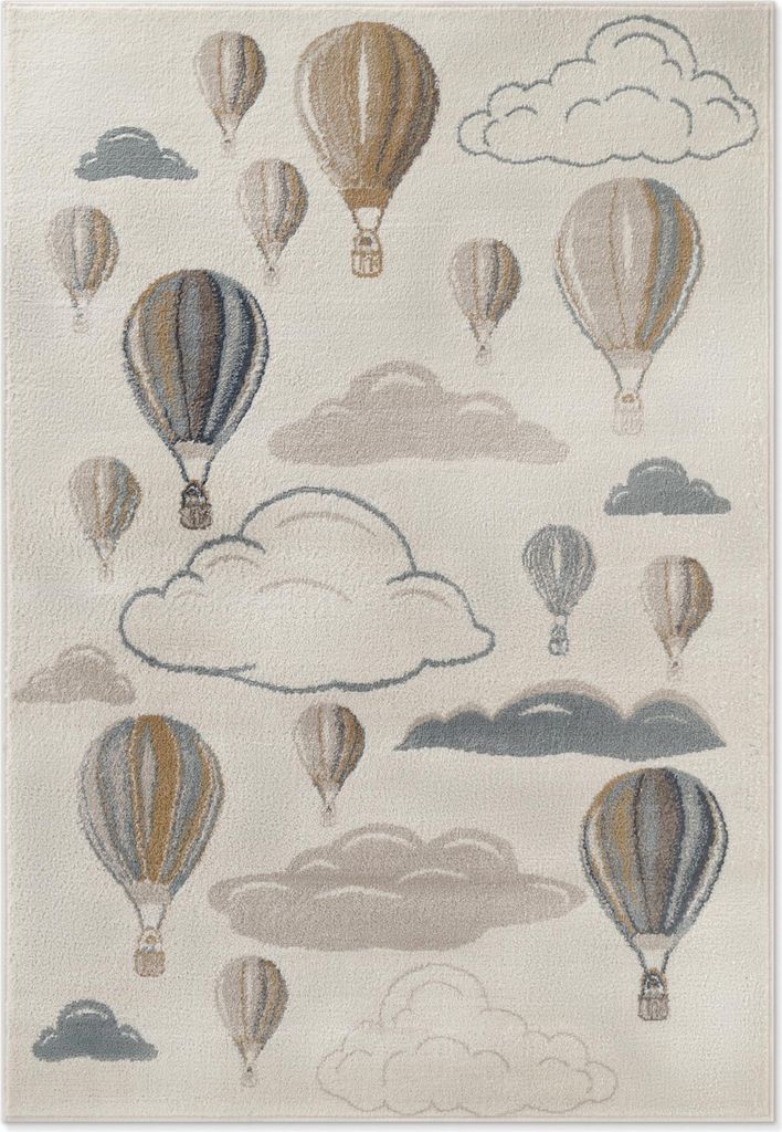 A rug with a pattern of hot air balloons and clouds.