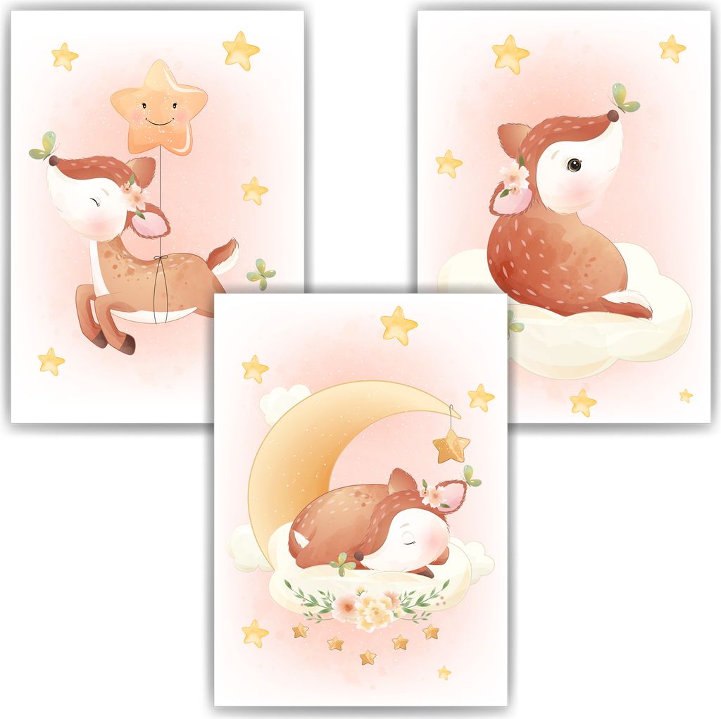 3er Set Poster für Kinderzimmer Bilder Babyzimmer Babyparty Kinderposter Reh – DIN A4 (21x29.7cm)