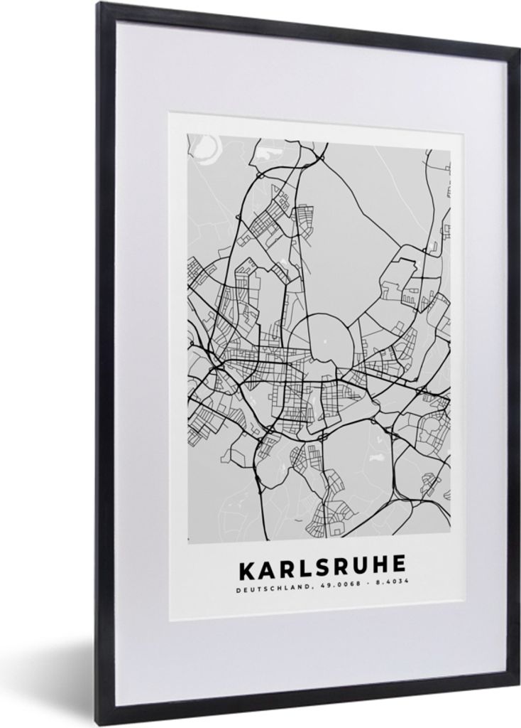 MuchoWow Gerahmtes Poster Stadtplan - Karte - Karlsruhe - Deutschland 40x60 cm - Poster mit Schwarzem Bilderrahmen Wandposter Rahmen Foto Bilder ...