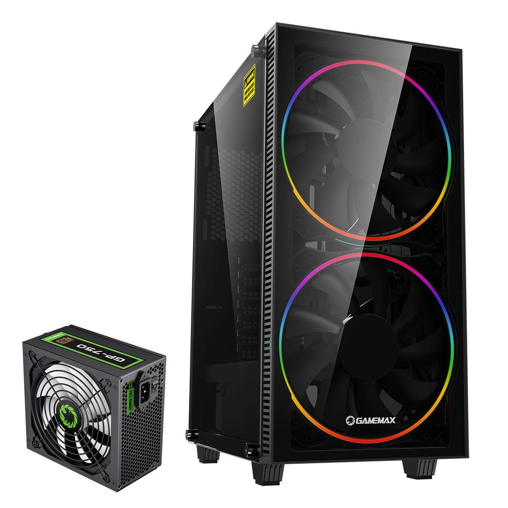 GAMEMAX Gaming-Gehäuse Black Hole Midi-Tower schwarz RGB 1x USB 3.1, 1x USB 2.0, Audio + GP-750 Netzteil 750W 80+ Bronze